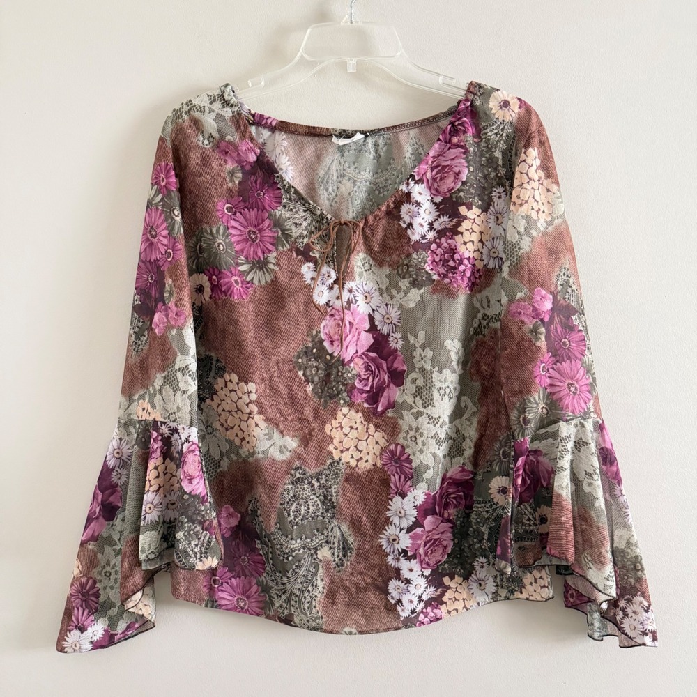 VTG Maria Gabrielle New York Floral boho Bell Sleeve Tie Front Top XL
